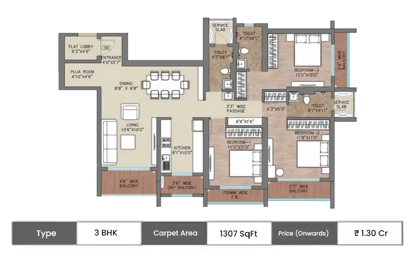 Regency Luxuria 3 BHK floor plan, 1307 sq ft carpet area