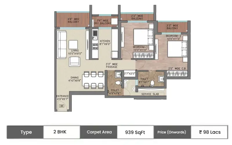 Regency Luxuria 2 BHK floor plan, 939 sq ft carpet area